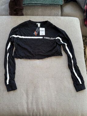 Forever 21 Black Cropped Long-Sleeve Top with White Stripe